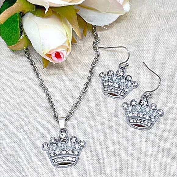 Crystal Crown Earrings or Set With Necklace, Princess Party, Stainless Steel NWT - Picture 5 of 7
